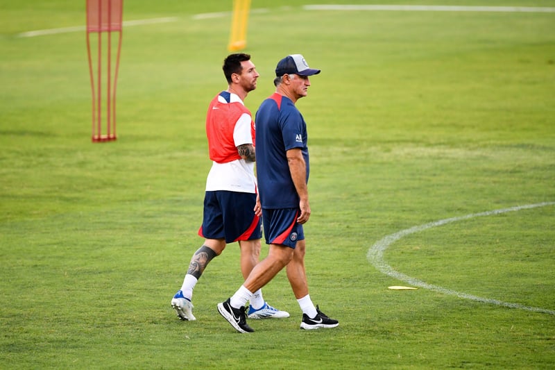 Lionel Messi et Christophe Galtier à l'entraînement du PSG.